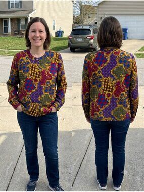 Vtg Cathy Che Baroque Chain Print Blouse Womens 10 Jewel Tone Heraldic Crest 80s